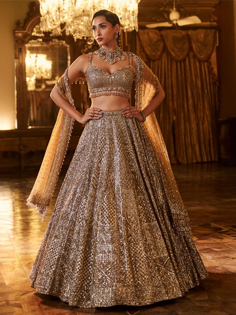 Seema Gujral Antique Gold Sequin Bridal Lehenga Wedding